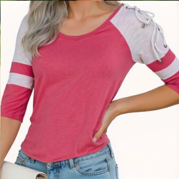 Authentic American Heritage Tops - American Heritage Woman's Sport Tee Pink & White w/ 3/4 Strappy Sleeves Size XXS